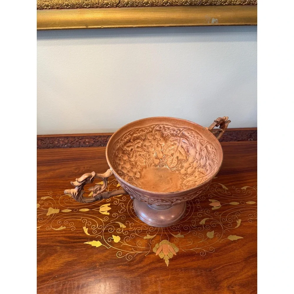 Vintage Copper-Tone Pedestal‎ Bowl with Dragon Handles